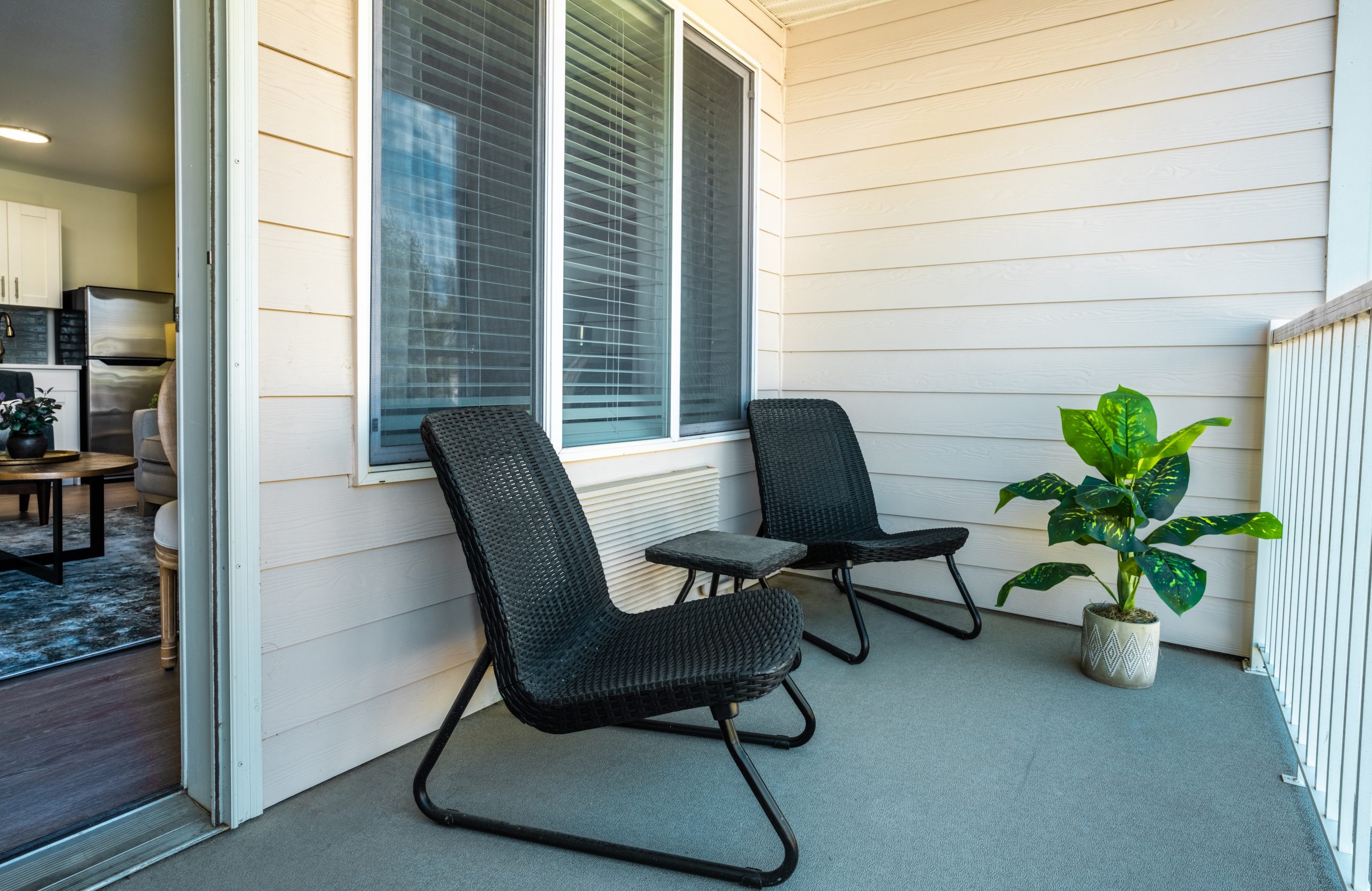 Newly renovated apartment balcony area at Curtis Creek Senior Living in Quincy, Illinois, completed in 2025.
