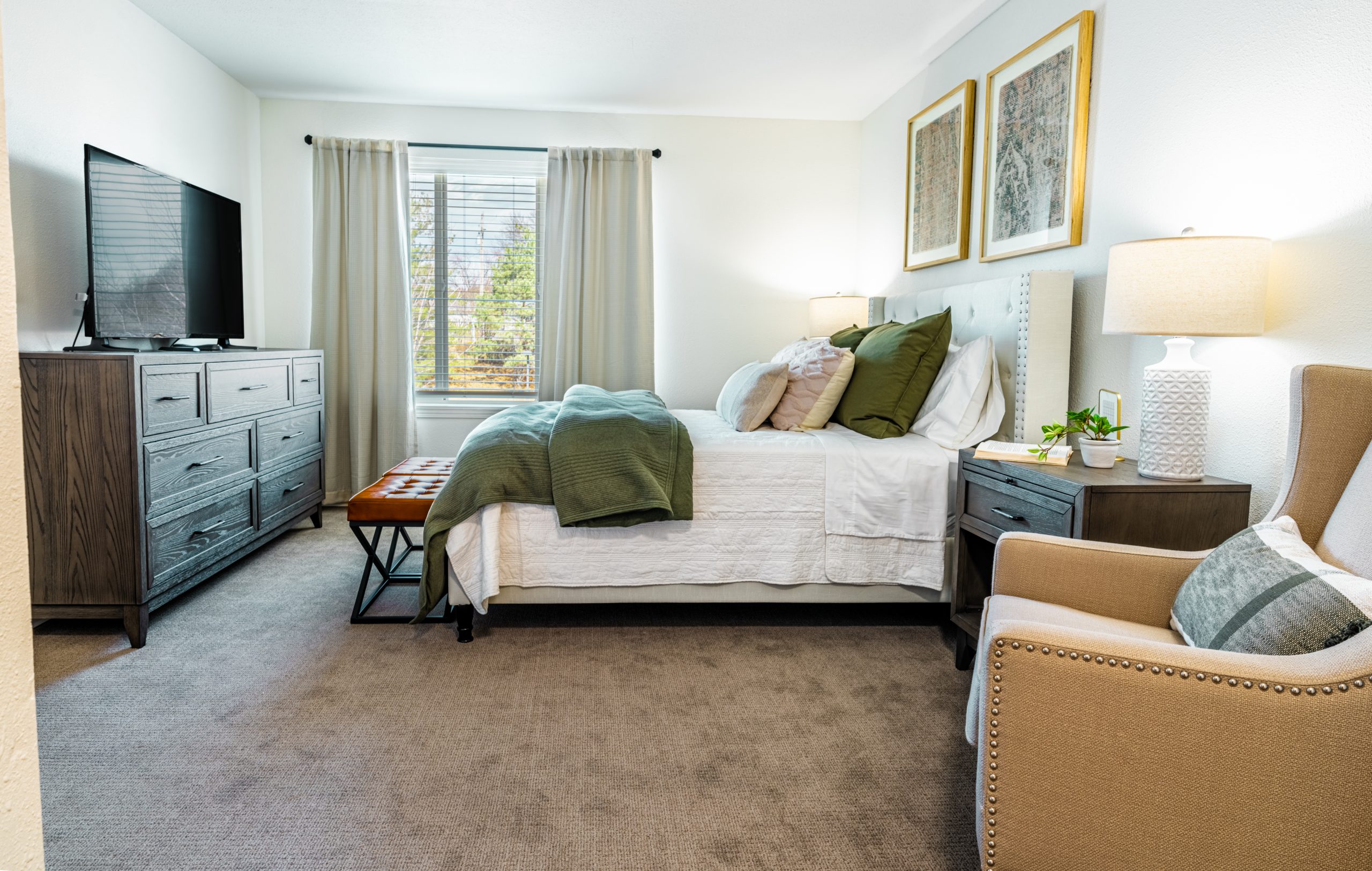 Newly renovated apartment bedroom at Curtis Creek Senior Living in Quincy, Illinois, completed in 2025.