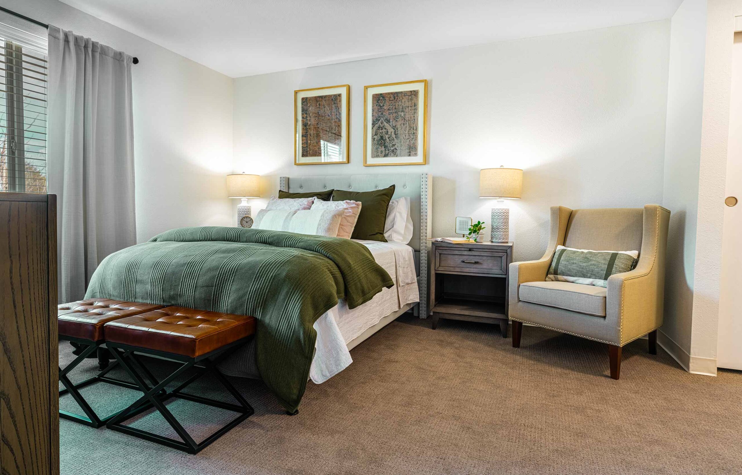 Newly renovated apartment, bedroom view, at Curtis Creek Senior Living in Quincy, Illinois, completed in 2025.