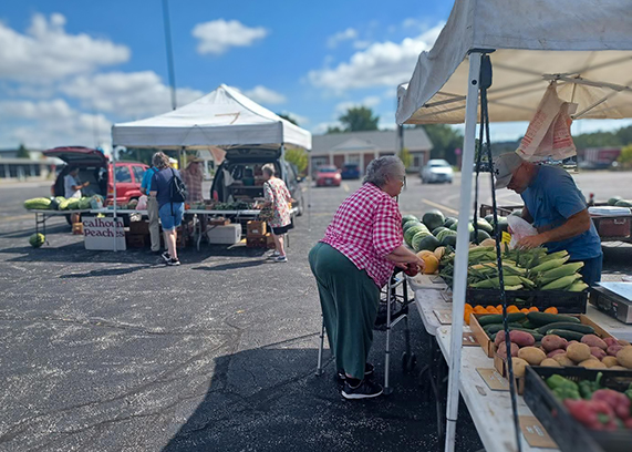 Shoppers peruse fresh produce at a local farm stand under a bright blue sky.
